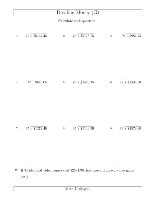 The Dividing Dollar Amounts in Increments of 5 Cents by Two-Digit Divisors (G) Math Worksheet