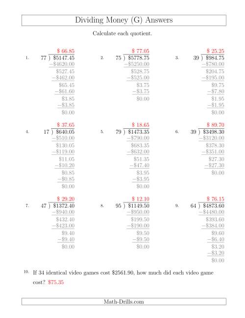 The Dividing Dollar Amounts in Increments of 5 Cents by Two-Digit Divisors (G) Math Worksheet Page 2