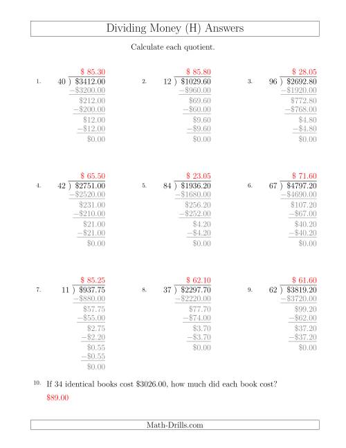 The Dividing Dollar Amounts in Increments of 5 Cents by Two-Digit Divisors (H) Math Worksheet Page 2