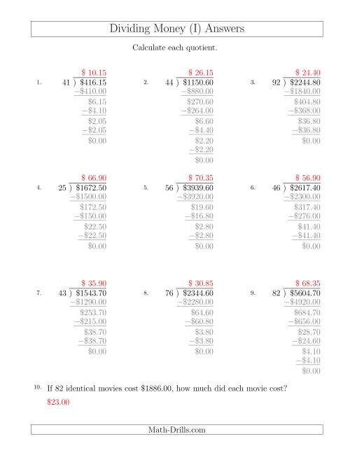 The Dividing Dollar Amounts in Increments of 5 Cents by Two-Digit Divisors (I) Math Worksheet Page 2