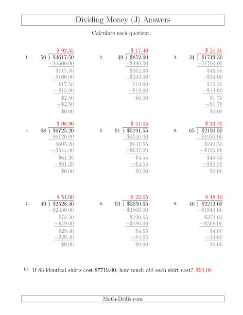 The Dividing Dollar Amounts in Increments of 5 Cents by Two-Digit Divisors (J) Math Worksheet Page 2