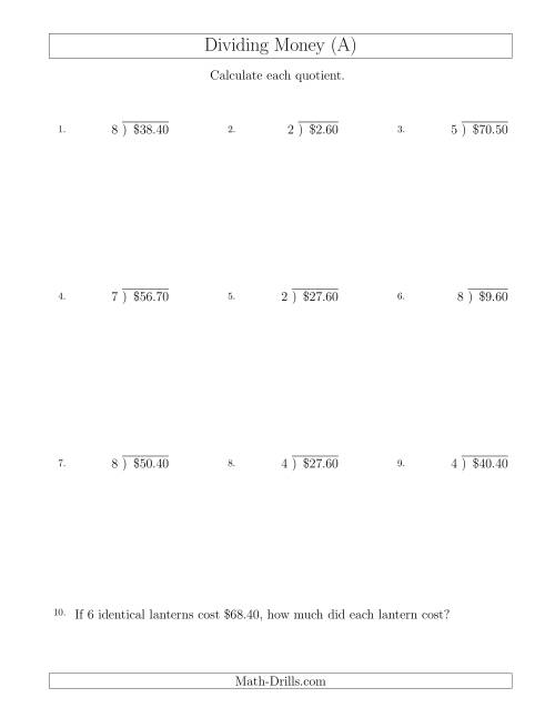 The Dividing Dollar Amounts in Increments of 10 Cents by One-Digit Divisors (A) Math Worksheet
