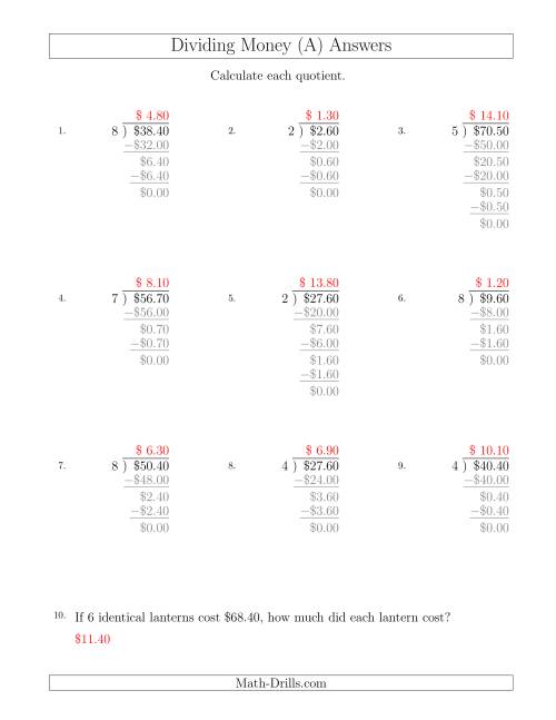 The Dividing Dollar Amounts in Increments of 10 Cents by One-Digit Divisors (A) Math Worksheet Page 2