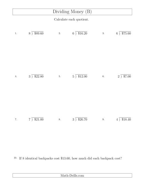 The Dividing Dollar Amounts in Increments of 10 Cents by One-Digit Divisors (B) Math Worksheet