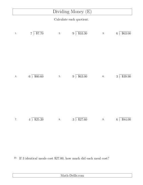 The Dividing Dollar Amounts in Increments of 10 Cents by One-Digit Divisors (E) Math Worksheet