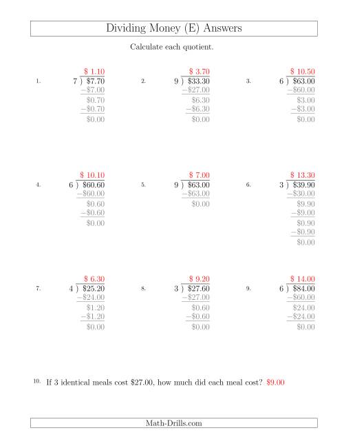 The Dividing Dollar Amounts in Increments of 10 Cents by One-Digit Divisors (E) Math Worksheet Page 2