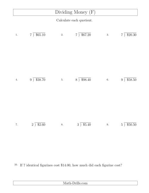 The Dividing Dollar Amounts in Increments of 10 Cents by One-Digit Divisors (F) Math Worksheet