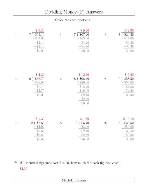 The Dividing Dollar Amounts in Increments of 10 Cents by One-Digit Divisors (F) Math Worksheet Page 2