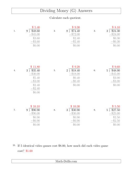 The Dividing Dollar Amounts in Increments of 10 Cents by One-Digit Divisors (G) Math Worksheet Page 2