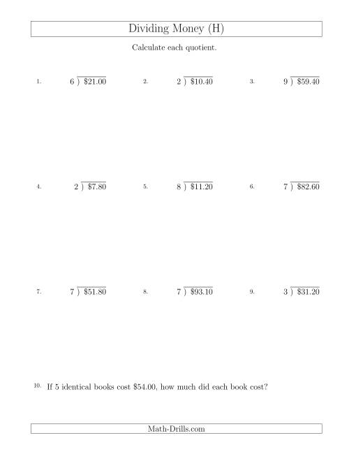 The Dividing Dollar Amounts in Increments of 10 Cents by One-Digit Divisors (H) Math Worksheet