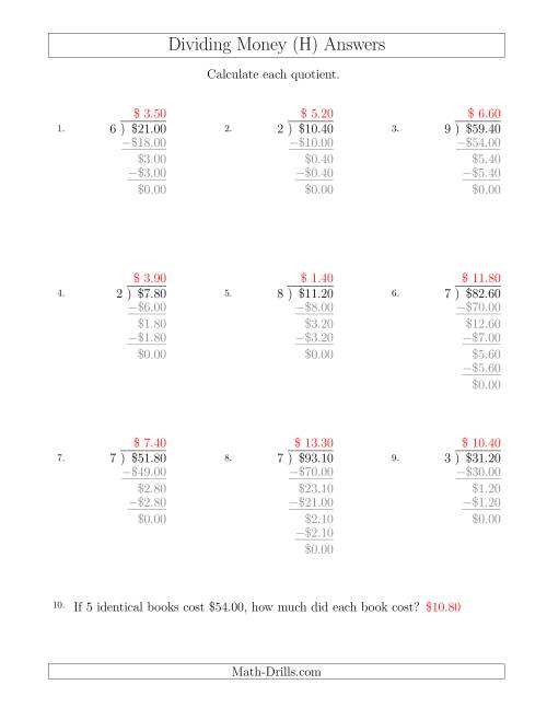 The Dividing Dollar Amounts in Increments of 10 Cents by One-Digit Divisors (H) Math Worksheet Page 2
