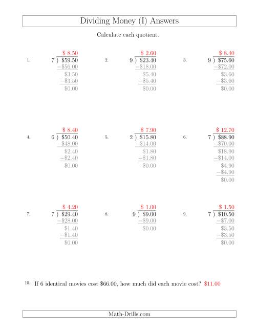 The Dividing Dollar Amounts in Increments of 10 Cents by One-Digit Divisors (I) Math Worksheet Page 2