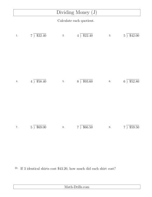 The Dividing Dollar Amounts in Increments of 10 Cents by One-Digit Divisors (J) Math Worksheet