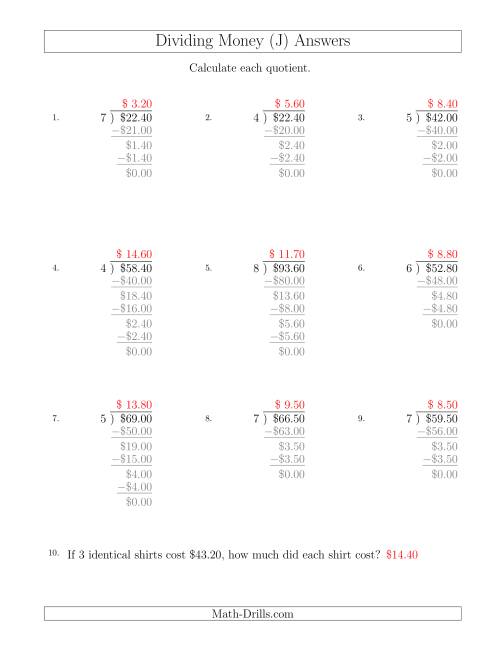 The Dividing Dollar Amounts in Increments of 10 Cents by One-Digit Divisors (J) Math Worksheet Page 2