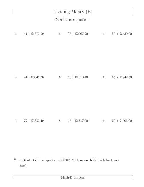 The Dividing Dollar Amounts in Increments of 10 Cents by Two-Digit Divisors (B) Math Worksheet