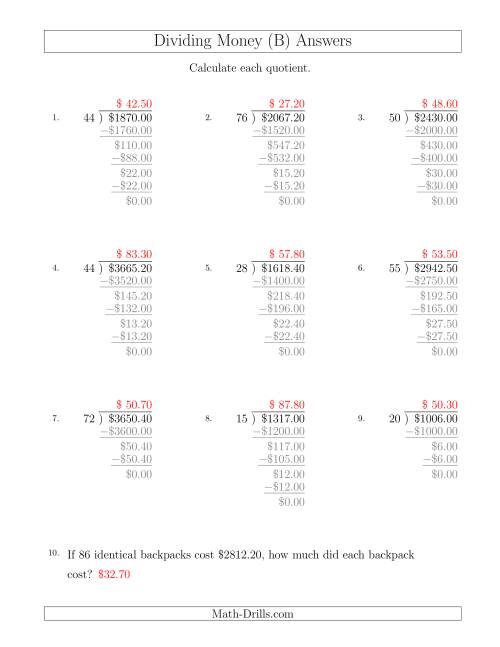 The Dividing Dollar Amounts in Increments of 10 Cents by Two-Digit Divisors (B) Math Worksheet Page 2