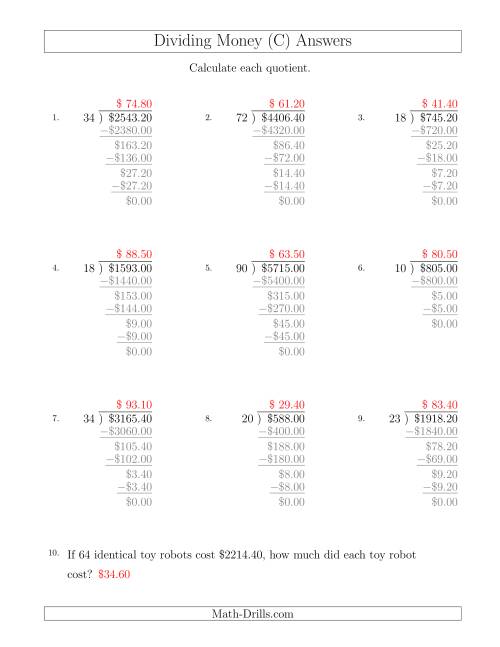 The Dividing Dollar Amounts in Increments of 10 Cents by Two-Digit Divisors (C) Math Worksheet Page 2