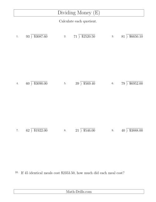 The Dividing Dollar Amounts in Increments of 10 Cents by Two-Digit Divisors (E) Math Worksheet