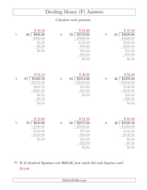 The Dividing Dollar Amounts in Increments of 10 Cents by Two-Digit Divisors (F) Math Worksheet Page 2
