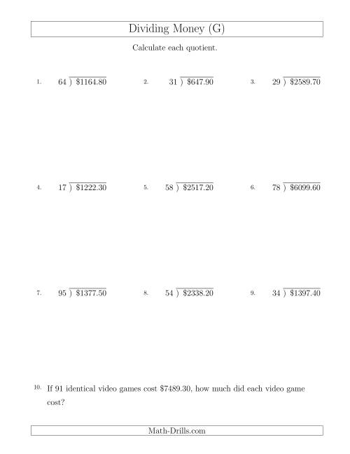 The Dividing Dollar Amounts in Increments of 10 Cents by Two-Digit Divisors (G) Math Worksheet