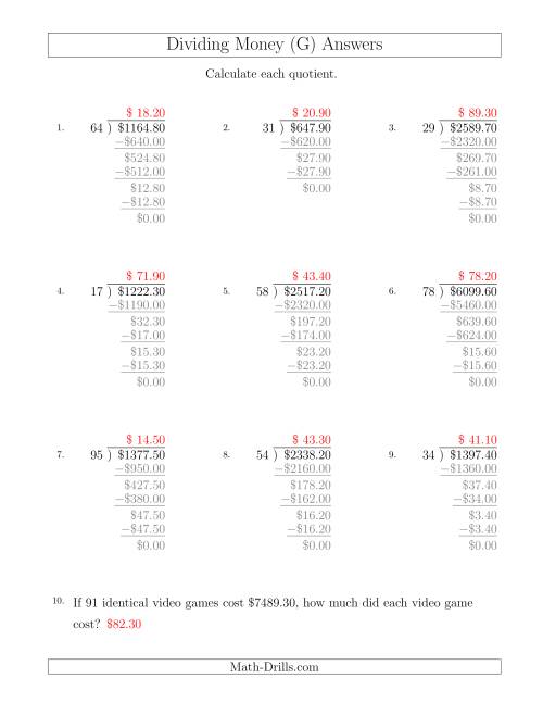 The Dividing Dollar Amounts in Increments of 10 Cents by Two-Digit Divisors (G) Math Worksheet Page 2