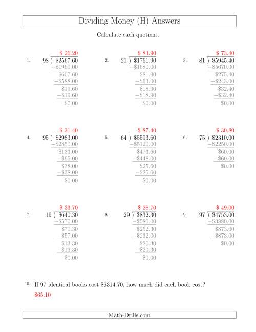 The Dividing Dollar Amounts in Increments of 10 Cents by Two-Digit Divisors (H) Math Worksheet Page 2