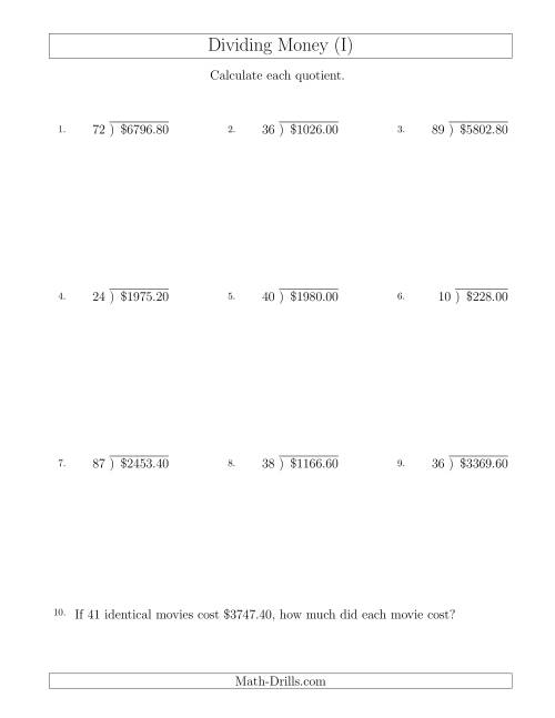 The Dividing Dollar Amounts in Increments of 10 Cents by Two-Digit Divisors (I) Math Worksheet