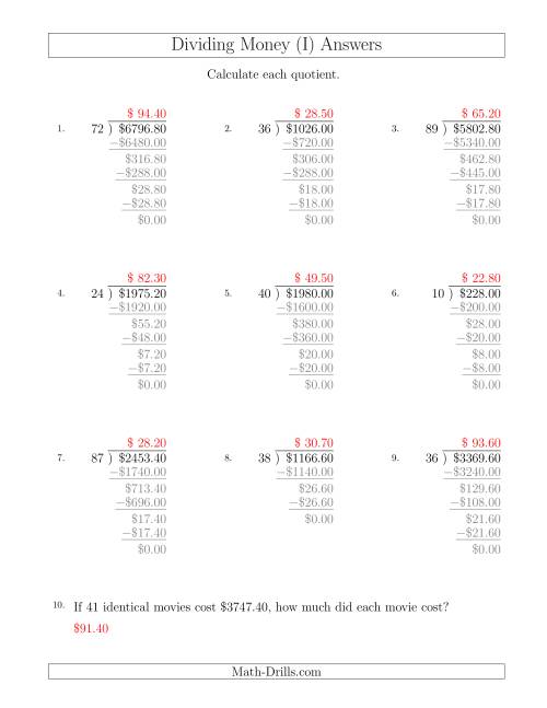 The Dividing Dollar Amounts in Increments of 10 Cents by Two-Digit Divisors (I) Math Worksheet Page 2