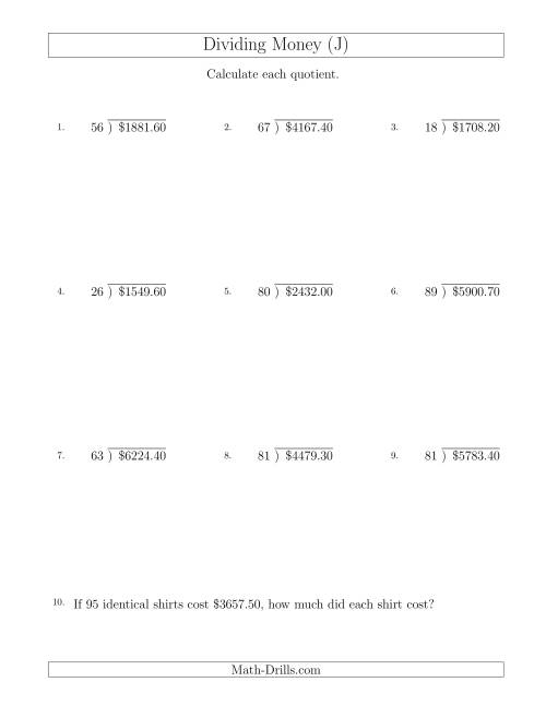 The Dividing Dollar Amounts in Increments of 10 Cents by Two-Digit Divisors (J) Math Worksheet
