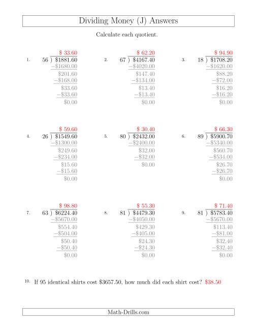 The Dividing Dollar Amounts in Increments of 10 Cents by Two-Digit Divisors (J) Math Worksheet Page 2