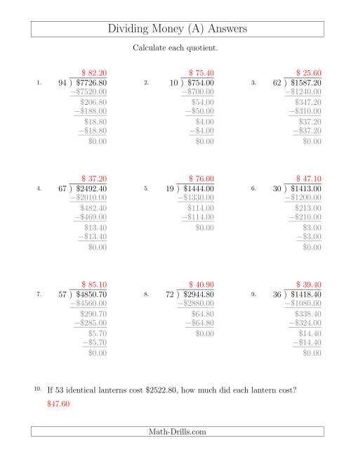 The Dividing Dollar Amounts in Increments of 10 Cents by Two-Digit Divisors (All) Math Worksheet Page 2