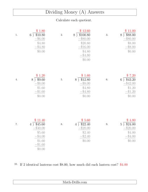 The Dividing Dollar Amounts in Increments of 20 Cents by One-Digit Divisors (A) Math Worksheet Page 2