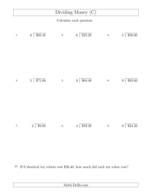 The Dividing Dollar Amounts in Increments of 20 Cents by One-Digit Divisors (C) Math Worksheet