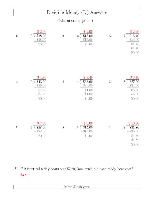 The Dividing Dollar Amounts in Increments of 20 Cents by One-Digit Divisors (D) Math Worksheet Page 2