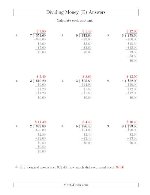 The Dividing Dollar Amounts in Increments of 20 Cents by One-Digit Divisors (E) Math Worksheet Page 2