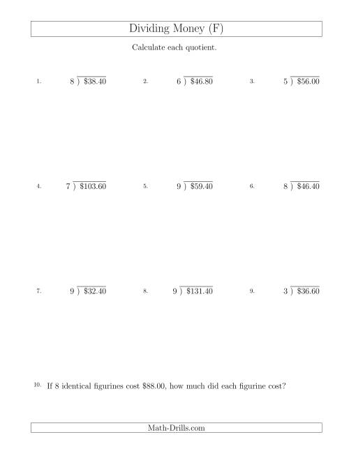 The Dividing Dollar Amounts in Increments of 20 Cents by One-Digit Divisors (F) Math Worksheet