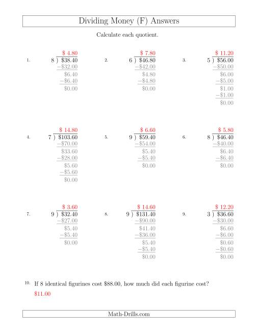 The Dividing Dollar Amounts in Increments of 20 Cents by One-Digit Divisors (F) Math Worksheet Page 2