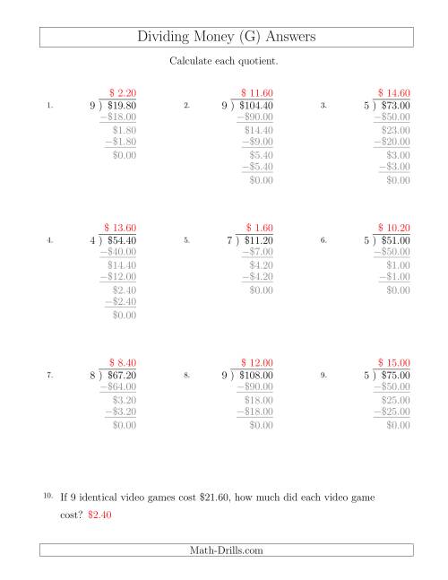 The Dividing Dollar Amounts in Increments of 20 Cents by One-Digit Divisors (G) Math Worksheet Page 2