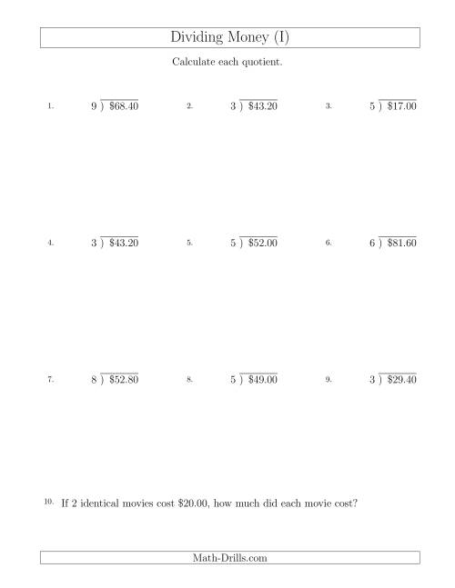 The Dividing Dollar Amounts in Increments of 20 Cents by One-Digit Divisors (I) Math Worksheet