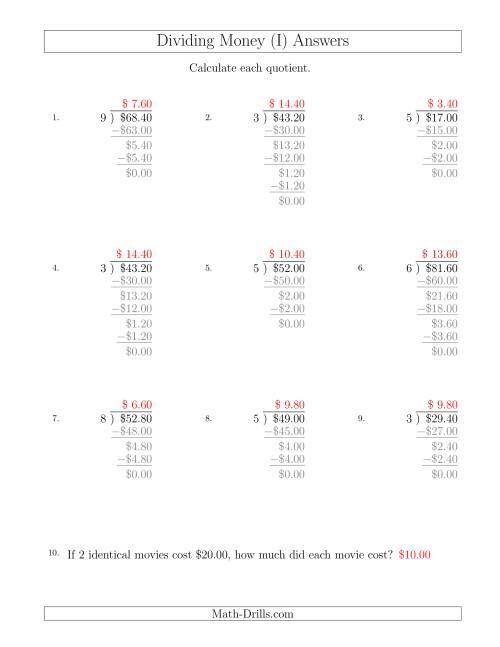The Dividing Dollar Amounts in Increments of 20 Cents by One-Digit Divisors (I) Math Worksheet Page 2