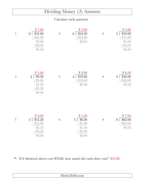 The Dividing Dollar Amounts in Increments of 20 Cents by One-Digit Divisors (J) Math Worksheet Page 2