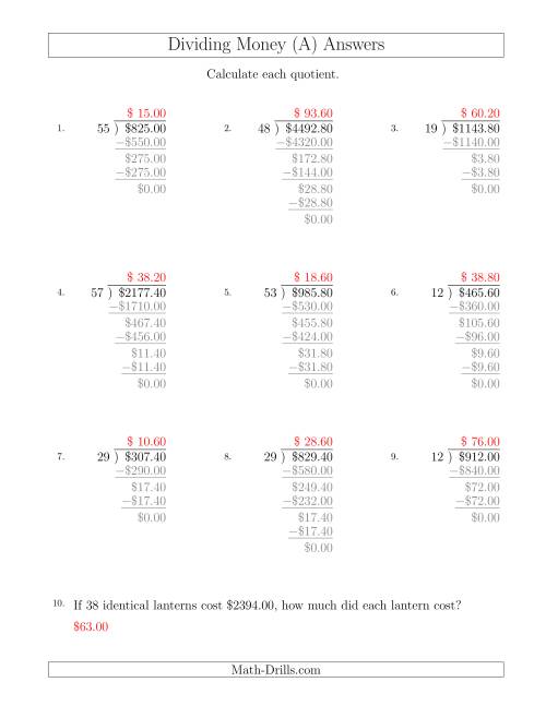 The Dividing Dollar Amounts in Increments of 20 Cents by Two-Digit Divisors (A) Math Worksheet Page 2