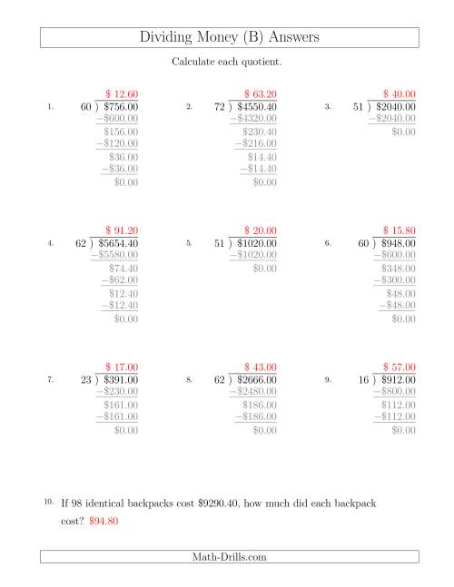 The Dividing Dollar Amounts in Increments of 20 Cents by Two-Digit Divisors (B) Math Worksheet Page 2