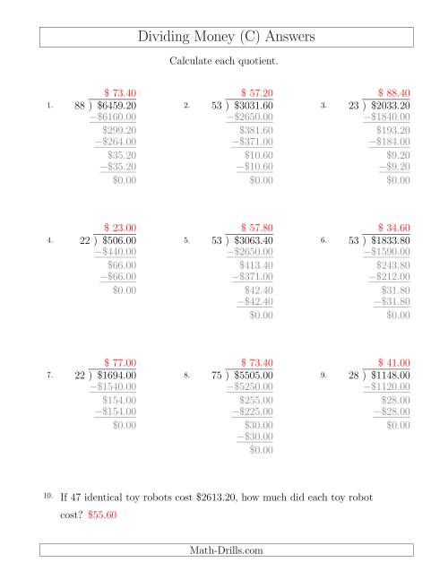 The Dividing Dollar Amounts in Increments of 20 Cents by Two-Digit Divisors (C) Math Worksheet Page 2