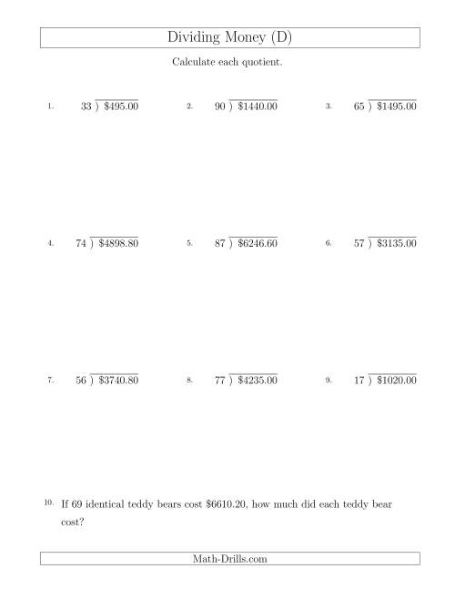 The Dividing Dollar Amounts in Increments of 20 Cents by Two-Digit Divisors (D) Math Worksheet