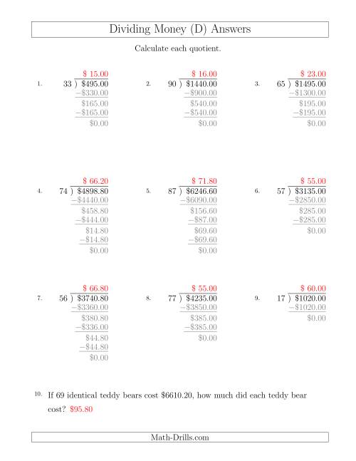 The Dividing Dollar Amounts in Increments of 20 Cents by Two-Digit Divisors (D) Math Worksheet Page 2