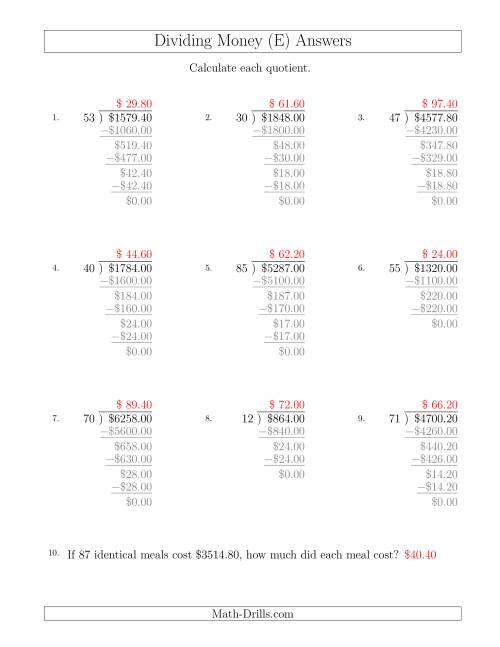 The Dividing Dollar Amounts in Increments of 20 Cents by Two-Digit Divisors (E) Math Worksheet Page 2