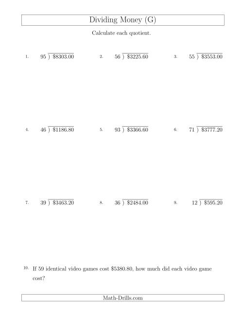 The Dividing Dollar Amounts in Increments of 20 Cents by Two-Digit Divisors (G) Math Worksheet