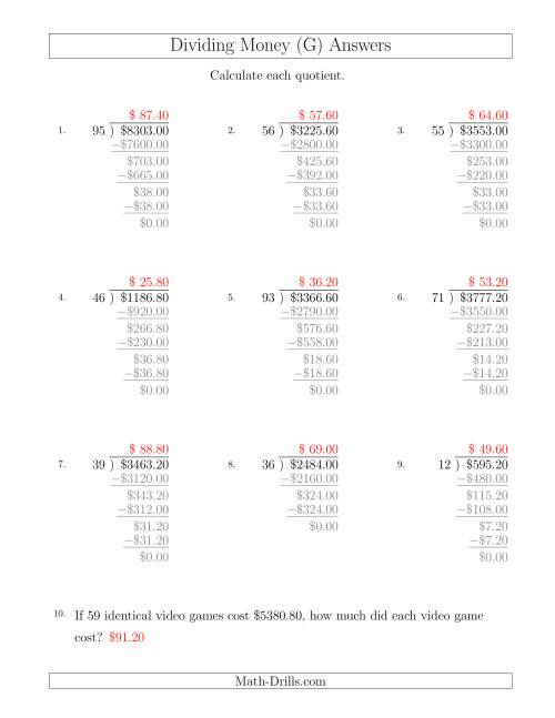 The Dividing Dollar Amounts in Increments of 20 Cents by Two-Digit Divisors (G) Math Worksheet Page 2