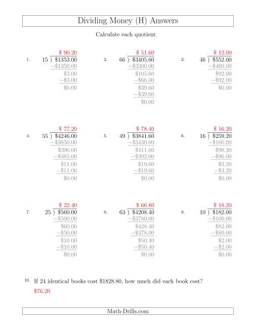 The Dividing Dollar Amounts in Increments of 20 Cents by Two-Digit Divisors (H) Math Worksheet Page 2